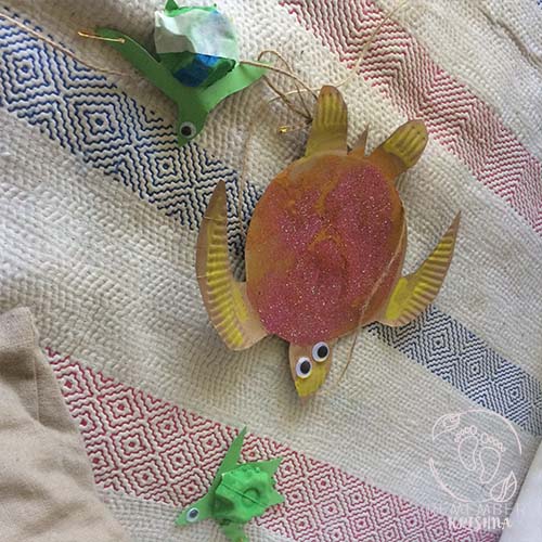 Krishna craft turtles with glitter and googly eyes