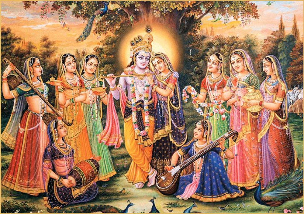 Krsna standing with Radha Lalita Vishaka 8 principal gopi friends in forest under tree with peacocks