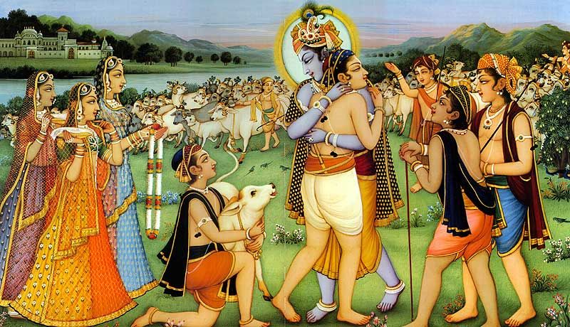 Krishna embracing gopa kumar in spiritual world