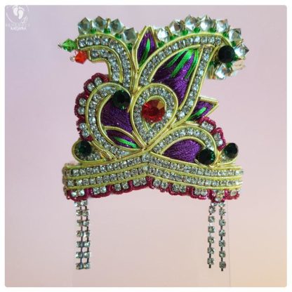 Purple embroidery crown with green stones and red beads opulent mukut for Krishna doll crown
