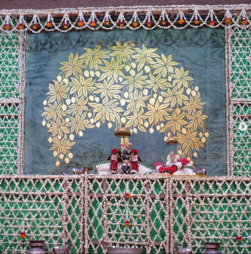 a silkey grey and green backdrop with a mango tree and phula of jasmine skirt frame at shri radharaman temple altar backdrop