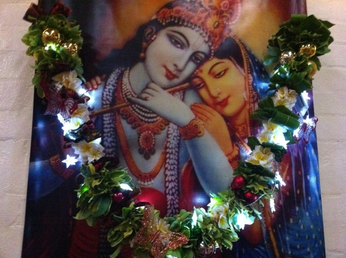 remember krishna radha decorated with garland with fairylights poster