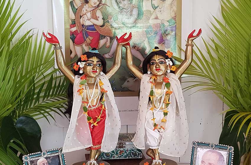 Nitai Gaur deities sita's lords raised arms chanting and dancing deities beautifully dressed and decorated with flowers and wigs