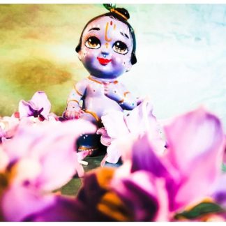 krishna figure all blue with purple flowers and blue green background