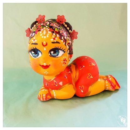 Radha doll crawling on tummy with lotus feet flower buns and facepaint gopi dots radhika radharani sweet krishna doll radhe doll