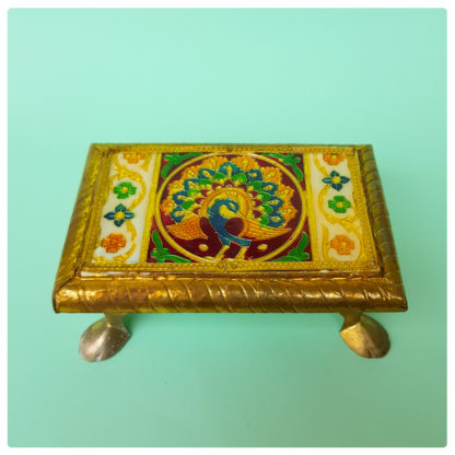 small asana throne for deities sitting place platform with ornamental peacock enamel decorations