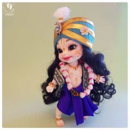 Balaram poseable bjd doll with blue turban, white feather, ornaments, silk flower garland, blue dhoti