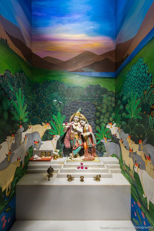 how to make home altar for deity worship radha krishna with a beautiful background painted of brindvana