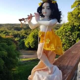 chittahari marble murti 12 inch krishna deity for sale with curling soft black hair glossy and charming garments standing idol on a lotus base