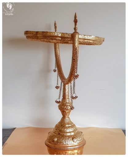 royal gold mirror for deity worship with bell jangles on a stand tilting full swivel rotation