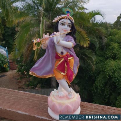 12 inch Krishna murti in white marble painted and garmented with shrinigar against natural background deity of kahna