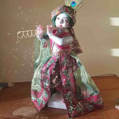murli Krishna 18inch deity marblein green and red traditional outfit beautiful shringar