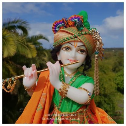 Narayan white marble krishna deity wearing green and orange colors against a forest background