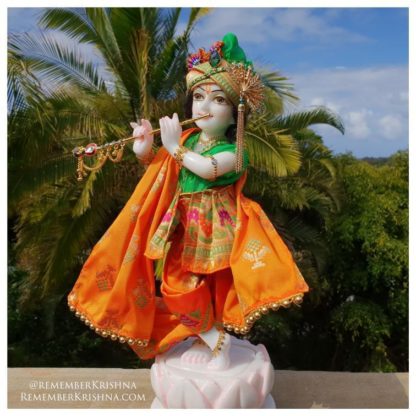 Narayan white marble krishna deity wearing green and orange colors against a forest background