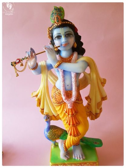 krishna statue `15 inch white marble beautifully painted with peacock at base murti of krishna