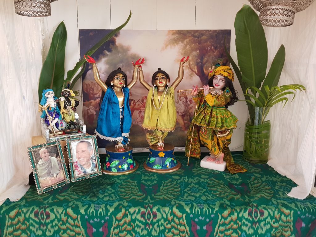 Lord Chaitanya Lord Nityananda deities with Sri Krishna deity on home altar