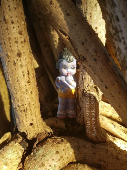 baby krishna doll soft blue color held in hand against a tree background