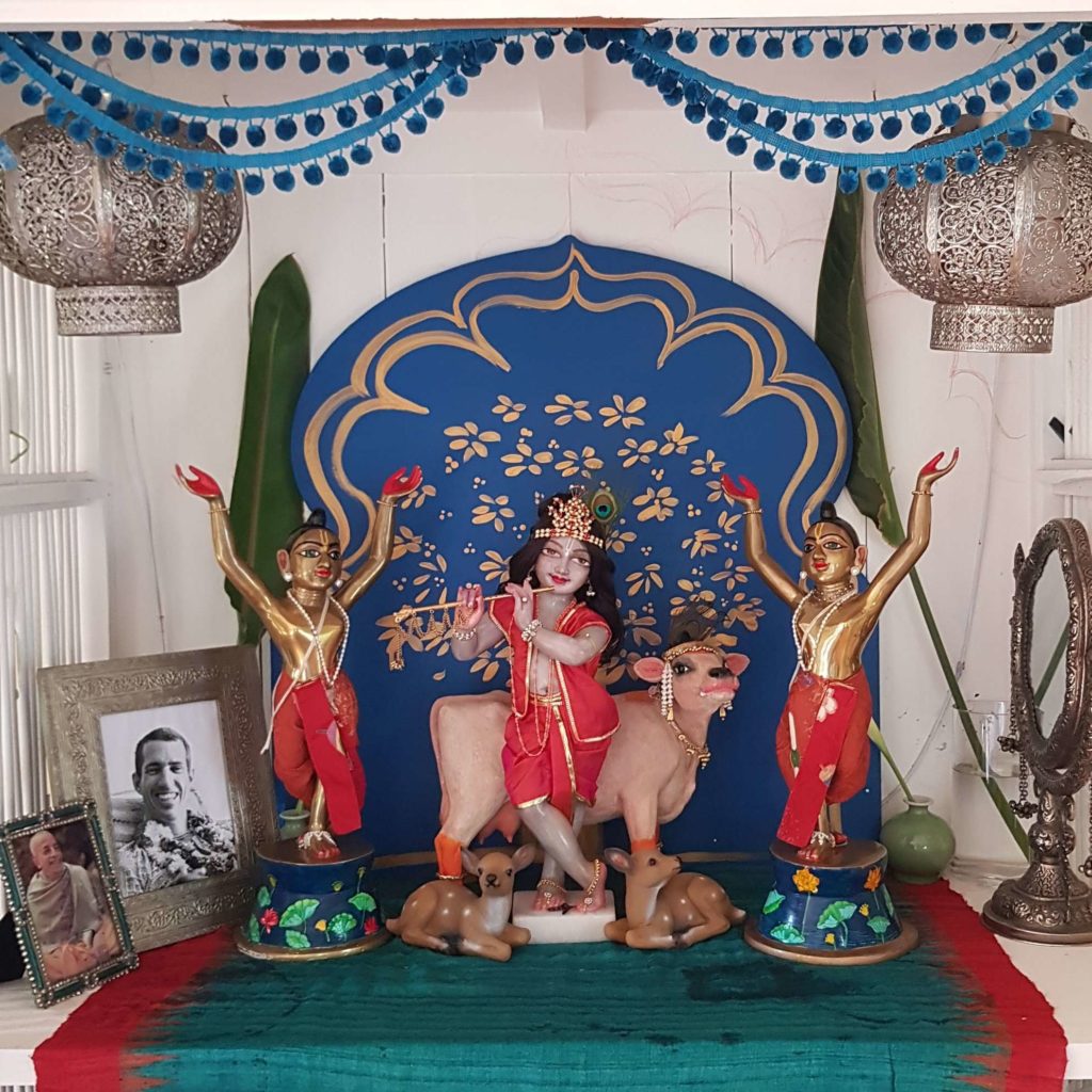 Shri Vanvihari Krishna deity dressed in red with Gaura Nitai deities and behind Krishna a large surabhi cow with full milk bags. Altar decorated witha  mirror and vases and silver lanterns above