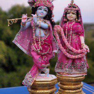 RadhaKrishna_marble_deities_Radhastami radha krishna deities on golden bases in pink radhastami outfits covered in flowering pink flowers and buds with diamond sparkling accessories