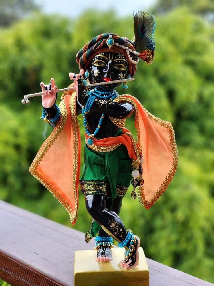 govind krishna deity 12 inch black marble deity with gold base dressed in elaborate shrngar against forest background krishna deity holds flute and wears peacok feather