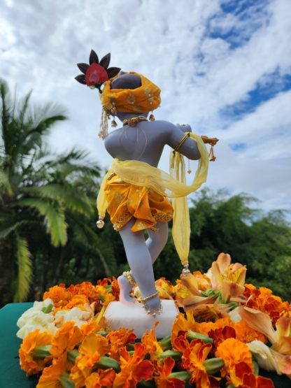 home deity worship marble krishna deity standing with back to viewer dressed in a gorgeous yellow dhoti with yellow sash and dupatta draped with a pagri adorned in morpankh and playing bansuri overlooking vrindavan forest