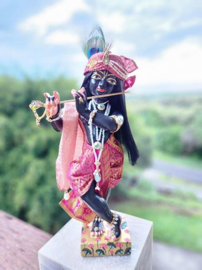 radha Kanta deity of Krishna black marble hand carved with pearl jewellery and pink garments against a background of forest and sky