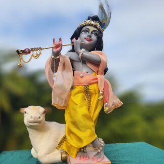 A breathtaking blue marble Krishna deity named YasodhaNanda Gopala, standing 12 inches tall. This exquisite hand-carved and hand-painted representation of Lord Krishna is adorned with intricate shringar and accessories, including a necklace, flower crown, anklets, bracelets, peacock feather, and flute. Created by the talented artist Sita dasi, this unique deity features a stormy grey-blue hue and comes with custom hand-painted artisan details. Elevate your devotion with this ready-to-ship masterpiece, complete with the option to add extra outfits and customization upon request