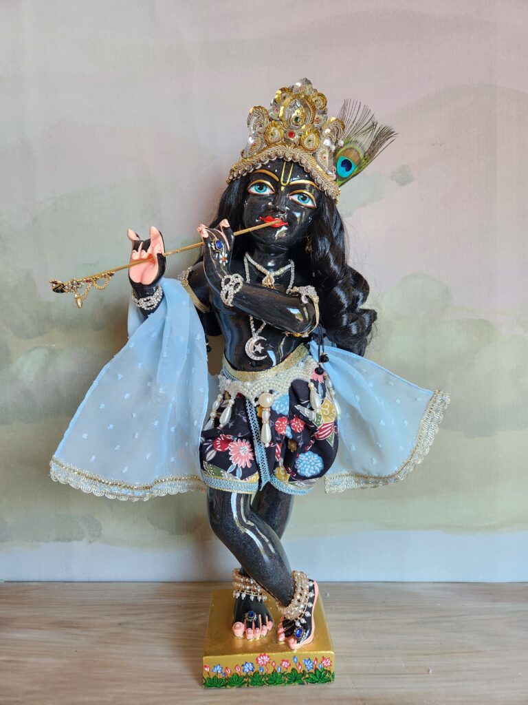 His soft black cotton dhoti, adorned with playful flower prints, beautifully enhances the deep, cloud-like hue of His divine form. This dhoti is secured by a magnificent golden girdle that ornaments His adorable, curved waist and hips. Pearls and golden tassels swing delicately from the girdle, catching the light and enhancing His movements, reminiscent of a baby elephant playfully swinging sugarcane. A full, primrose blue chiffon shawl—the color of a flawless early morning sky—features soft puffs of the same hue, gracefully swirling from His broad chest and strong arms, emphasizing His divine agility and power.
