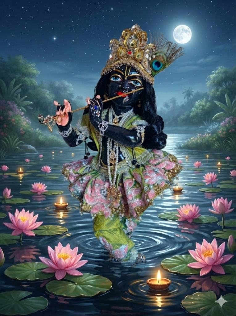Black Marble Krishna Vigraha Syamasundar wearing a sumptuous outfit of lotus flowers on lustrous green shantung silk with a imagined scene of River Jamnuna with lotus flowers and diyas 