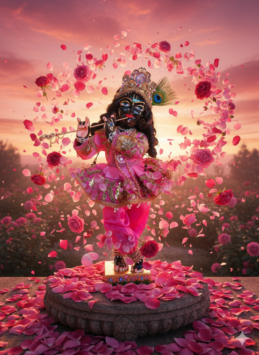 Inspired creative artwork of Krishna deity wearing an all pink outfit with a dancing whirl of rosepetals tumbling in the gentle breeze