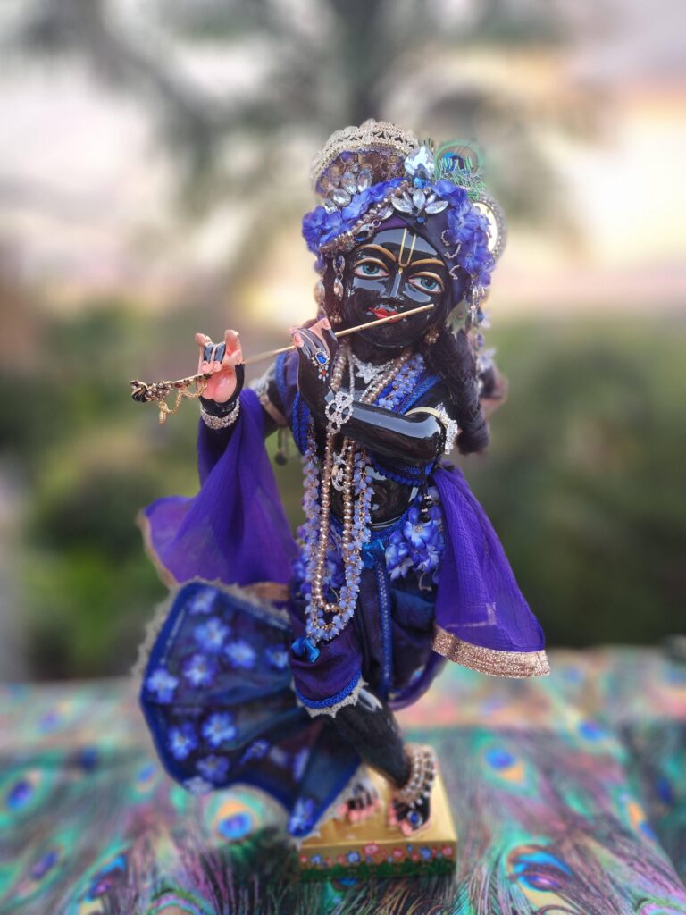 Syamasundar black marble Krishna deity dressed in indigo blue hues with flower outfit and shown playing flute against a sunrise