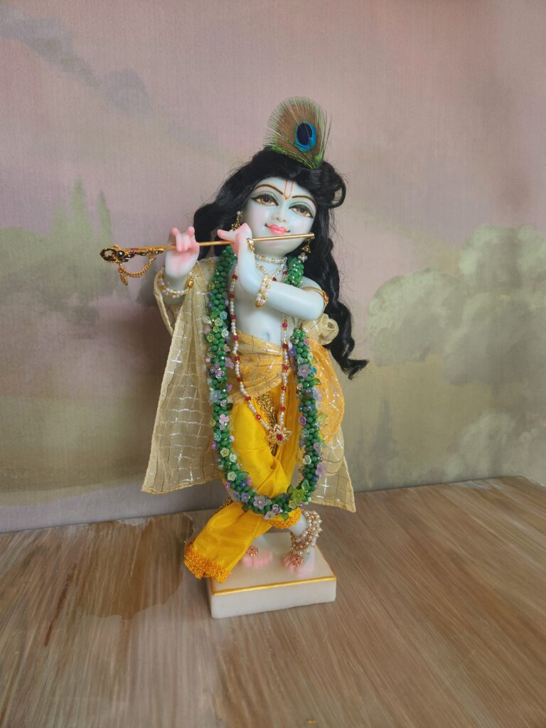 Jewelled flower mala decorating marble deity of Krishna 12inches tall flower vrindavan