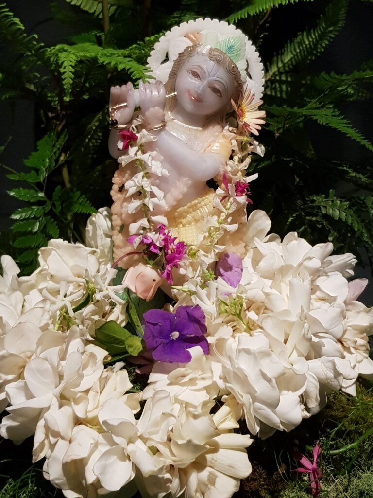 close view of marble form of Krishna on goverdhan hill with gardenia flowers and a jasmine garland