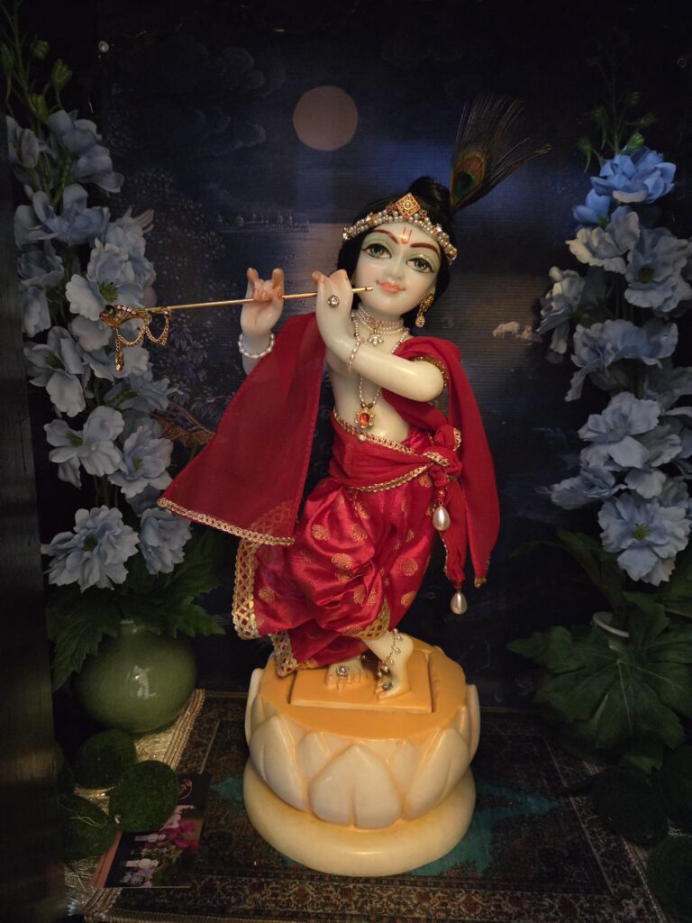 Marble deity of Krishna standing in a lotus base. Dressed in red outfit against a dark background