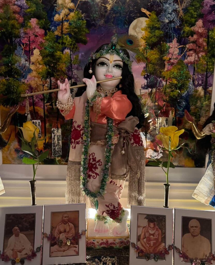 Delightful home altar preview of Gopal Krishna, a deity worshiped in UK by special devotee family with much love and reverence. He wears a peach jacket with a silk chiffon pant and a jeweled tulsi garland